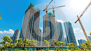 Skyscraper under construction with cranes and scaffolding against a clear