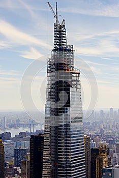 Skyscraper under construction in New York downtown from a view point, USA