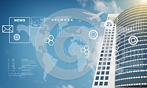 Skyscraper with world map