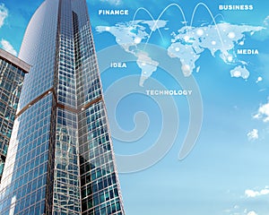 Skyscraper with world map