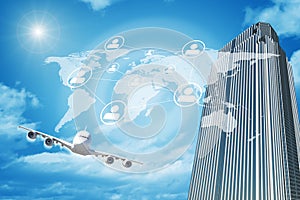 Skyscraper with world map