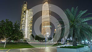 Skyscrapers in Abu Dhabi Skyline at night timelapse, United Arab Emirates