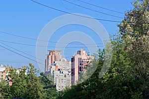 Skyscrapers against clear blue sky in Khabarovsk, Russia