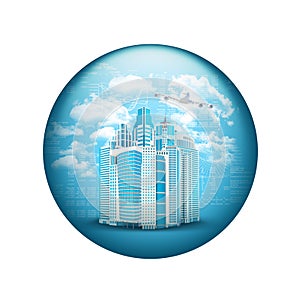 Skyscrapers with airplane. Spherical glossy button