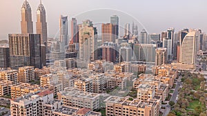 Skyscrapers in Barsha Heights district and internet city towers aerial timelapse.