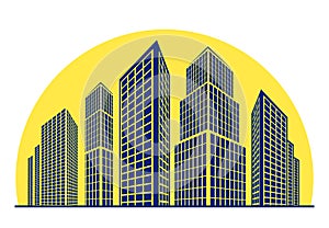 Skyscrapers, buildings against the background of rising sun. Vector logo, emblem for real estate sign, construction company.