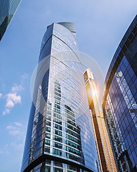 Skyscrapers in business district Moscow City. Bottom up view of the towers. Moscow. Russia