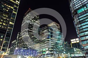 Skyscrapers of Canary Wharf by night, London, UK