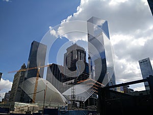 Skyscrapers in the center of the metropolis. Bottom view. Construction of buildings in the center of New York city.