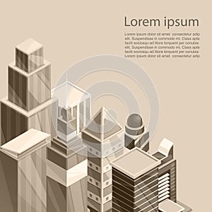 Skyscrapers city poster. Vector illustration of old sepia photographic style cityscape scene. The buildings in upper