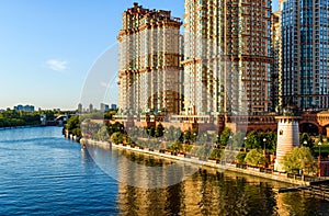 Skyscrapers of complex Alye Parusa over Moskva River, Moscow