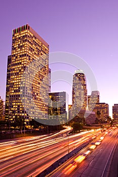 Skyscrapers at downtown financial district and Harbor Freeway, Los Angeles