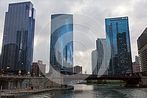 Skyscrapers and Franklin Street Bridge seen from a boat cruise on the Chicago River