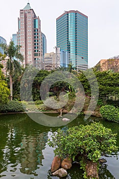 Skyscrapers in Hong Kong seen from Kowloon Park