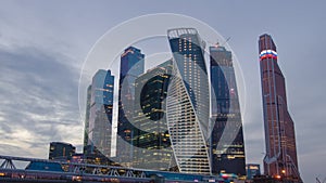 Skyscrapers International Business Center City day to night timelapse hyperlapse, Moscow, Russia