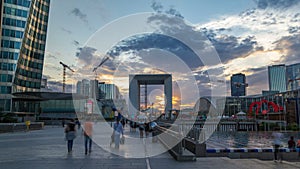 Skyscrapers of La Defense timelapse at sunset - Modern business and residential area in the near suburbs of Paris