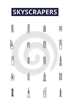 Skyscrapers line vector icons and signs. Towers, Buildings, High-rises, Structures, Edifices, Obelisks, Spires, Pillars