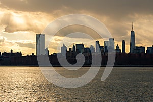 Lower Manhattan Skyline on the East River in New York City during Sunset