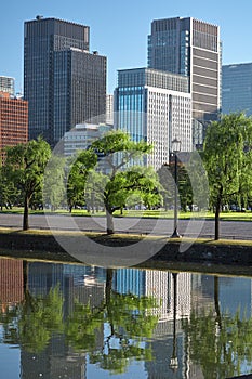 Skyscrapers of Marunouchi district reflecting in the water of Ed