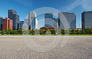 Skyscrapers of Marunouchi district, viewed through the Kokyo Gaien National Garden. Tokyo. Japan