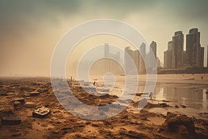 Skyscrapers of a massive coastal city, skylines blurred by layers of smog and pollution. Generative AI