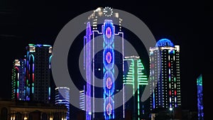 Skyscrapers in neon light Grozny Chechnya at the Night.