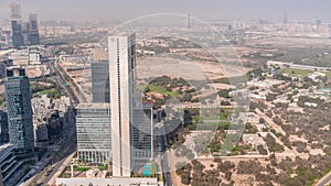 Skyscrapers and other buildings near the Dubai World Trade center district in Dubai aerial timelapse