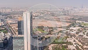 Skyscrapers and other buildings near the Dubai World Trade center district in Dubai aerial timelapse