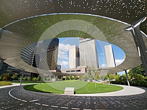 Skyscrapers and Pacific plaza in downtown of city Dallas TX USA