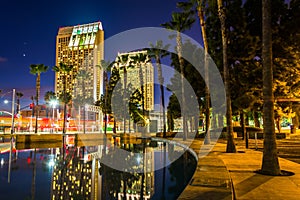 Skyscrapers reflecting in the Children's Pond at night, in San D