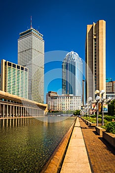 Skyscrapers and reflecting pool seen at Christian Science Plaza