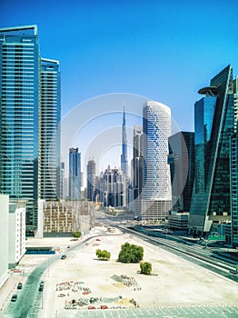 Skyscrapers with road in Dubai, United Arab Emirates