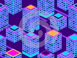 Skyscrapers seamless pattern. Isometric city buildings, metropolis. Neon color in the style of the 80s. Vector