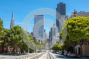 Skyscrapers on the street of downtown San Francisco California, USA