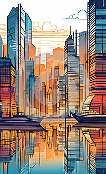 Skyscrapers at sunset, graphic perspective of buildings, abstract architectural background, vector illustration