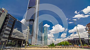 skyscrapers timelapse hyperlapse in the Four Towers Business Area with the tallest skyscrapers in Madrid and Spain