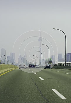 Skyscrapers and tower skyline from bridge cars