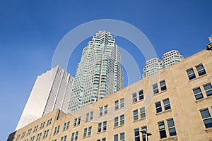 Skyscrapers of various sizes and ages from the 30`s till the 2000`s in downtown Toronto, Ontario, Canada