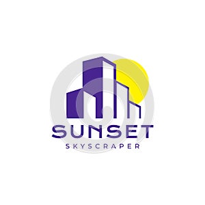 Skyscrapper with sunset modern logo design vector photo