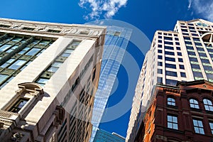 Skyward evening view of Boston skyscrapers,USA