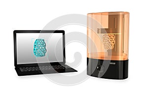 SLA 3D printer and Laptop computer on white background photo