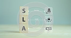 SLA - Service Level Agreement acronym, business concept. Service performance tracking to reduce the uncertainty the customer in pr
