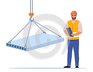 Slab hanged on crane hook by rope slings. Man engineer looking for process of slab transportation and loading. Construction worker