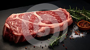 A slab of meat is on a wooden cutting board. The meat is marbled with fat and has a reddish-brown color. The board is