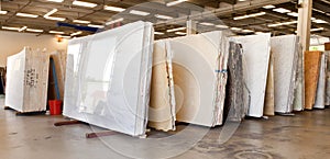 Slabs of granite in a storage warehouse