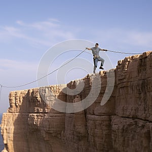 Slackliner balancing on a rope photo realistic illustration - Generative AI.