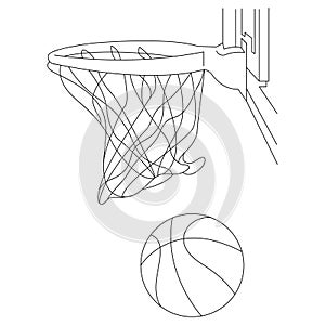 Slam dunk in basketball ring sport theme black and white vector line art illustration