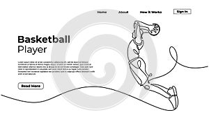 Slamdunk style basketball player, continuous one line art drawing, vector silhouette illustration, people jump. Good for sport