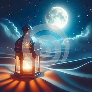 slamic lantern with a blurred mosque in the background for al fitr and adha eid photo