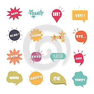 Slang bubbles different words and phrases in multicolor cartoon, bang yes sorry yeah flat icons set